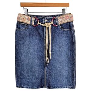 Vintage 90s Squeeze Stephen Hardy Boho Floral Belted Denim Skirt 10 Y2K Western